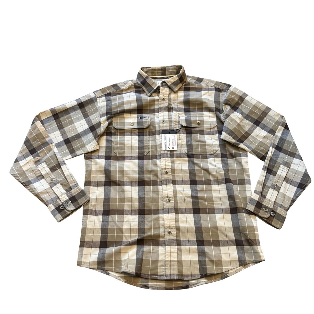 Poncho Mens Small Plaid Long Sleeve Magnetic Pocket Fishing Shirt Tan NWT